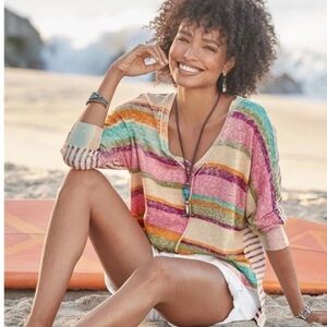 Sundance Johanna Striped Sweater Midi Sleeve Size M Relaxed Fit V Neck Cotton